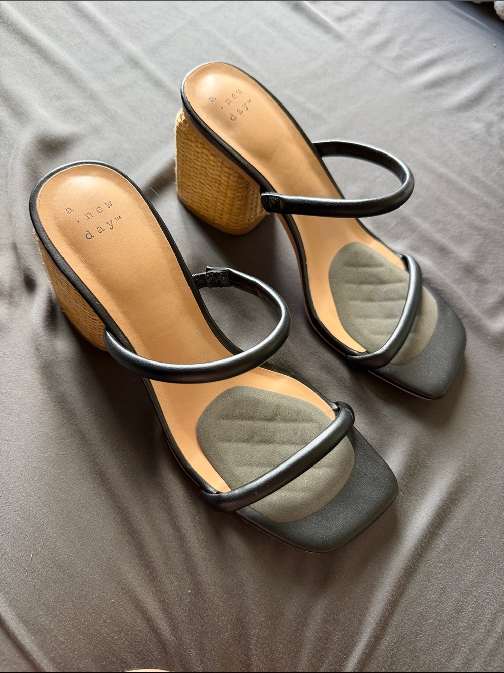 a new day Black Double-Strap Square-Toe 3 inch Woven Block Heels